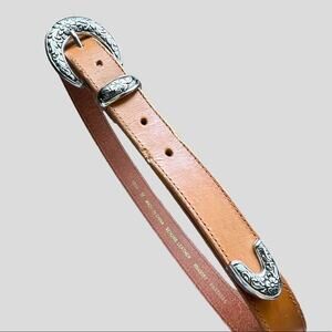 Partners Genuine Leather Belt Sz M - 35" Brown + Silver Floral Buckle